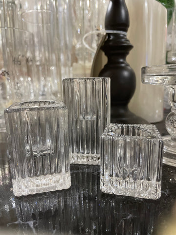New set of 3 Glass crystal pillar CANDLEHOLDER  candle holder striped vertical line ripple