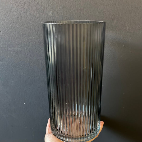 Striped Glass 4.7”x10”h Cylinder Vase (Smoky)