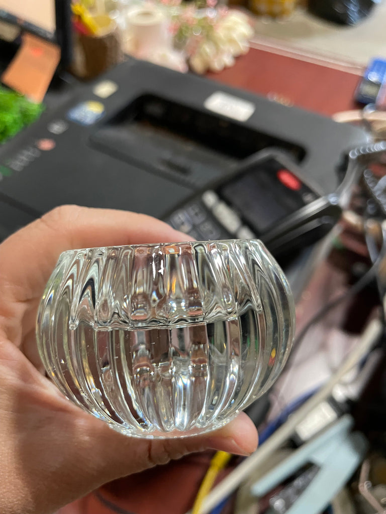 New 1.75” H Glass round CANDLEHOLDER striped 2 way votive taper donut nugget