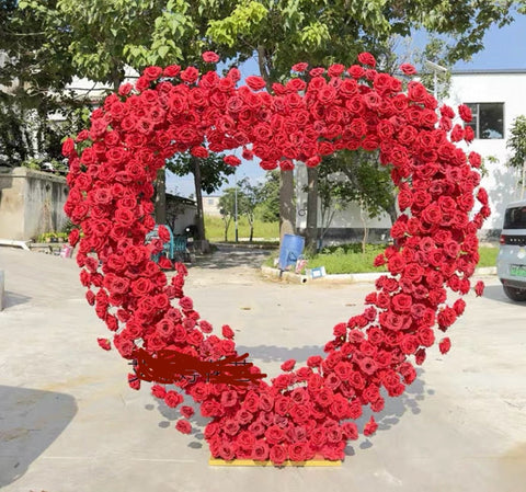 Red DOUBLE heart Metal Backdrop Stand Arch 6.5feet /2m tall with flower