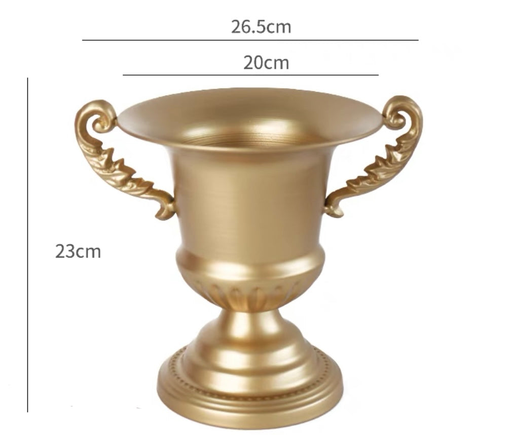 Tall round GOLD bowl /urn METAL 9"H