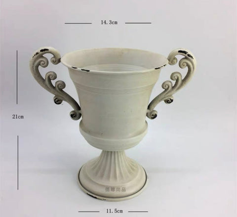 8” high round White bowl /urn METAL