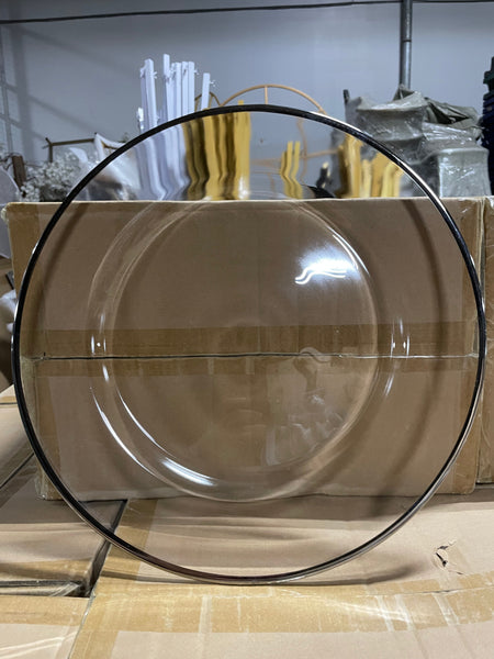 13” Clear Glass Charger Plate Silver Thin Rim 1/4”