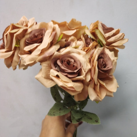 Artificial Flower Rose Bunch 9 head mixed coffee