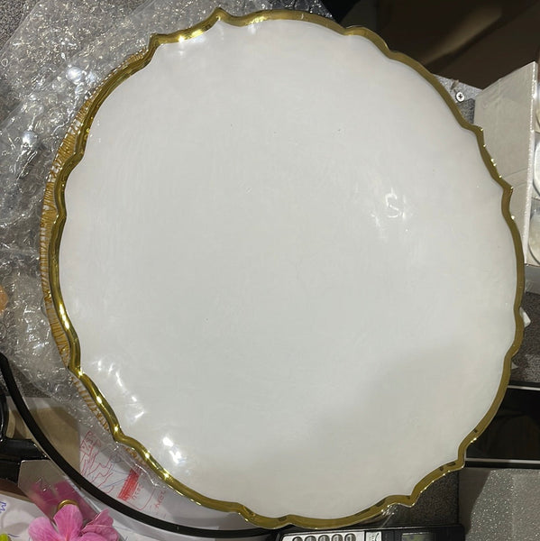 12.5" white flower Glass Charger clear with gold band