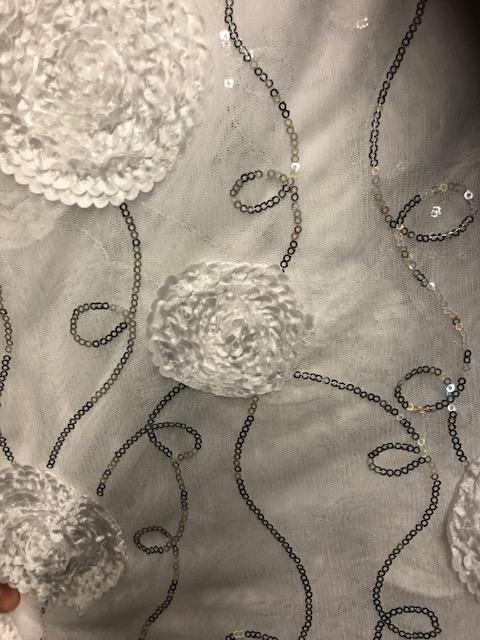 Rental Damask tablecloth 120" Mesh with silver sequin and embroidery