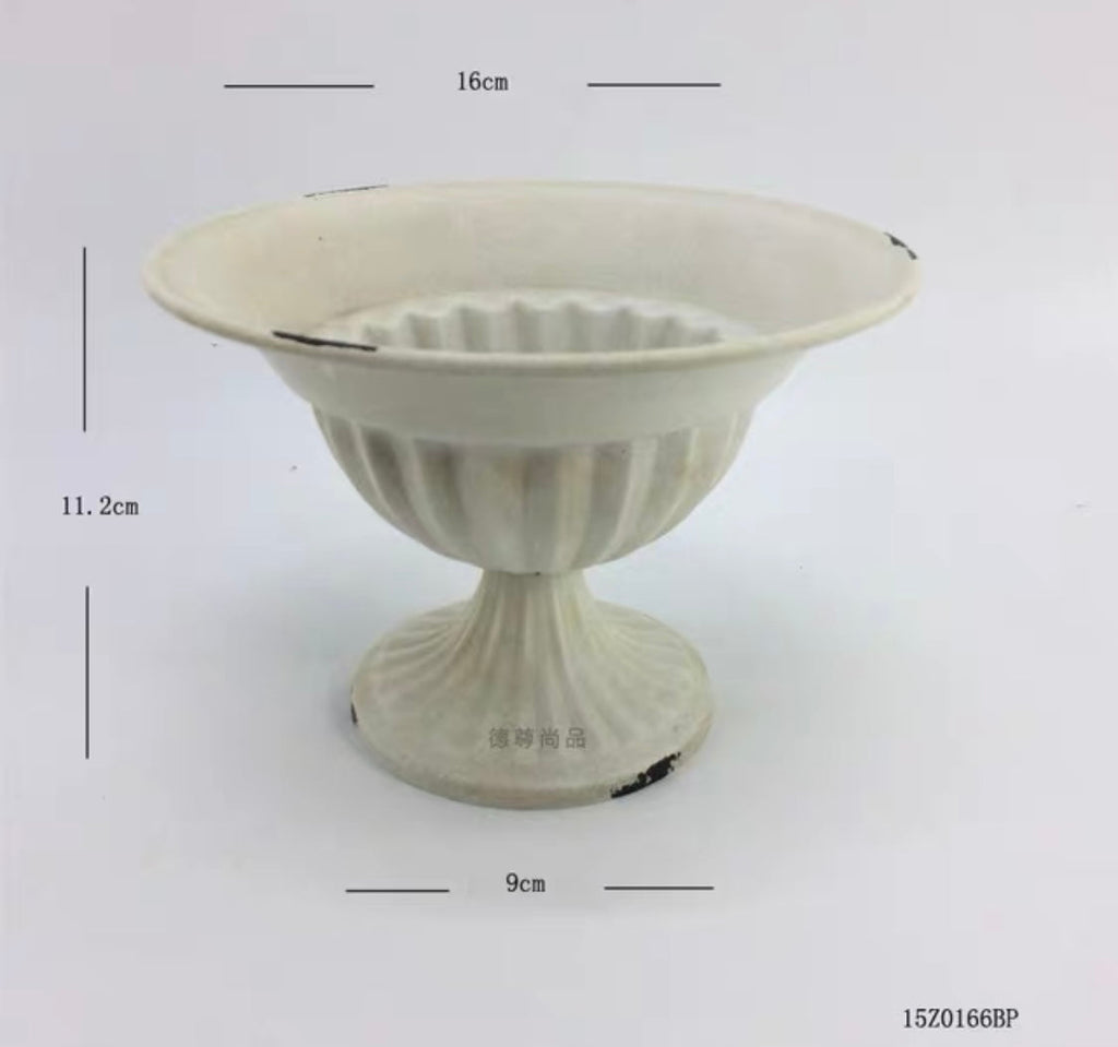 4.5” high round White bowl /urn METAL