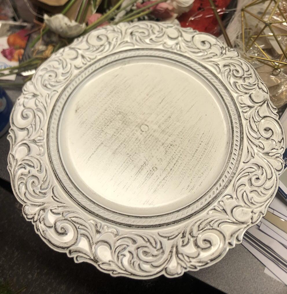 White Vintage Charger Plate Acrylic Flower pattern 14"
