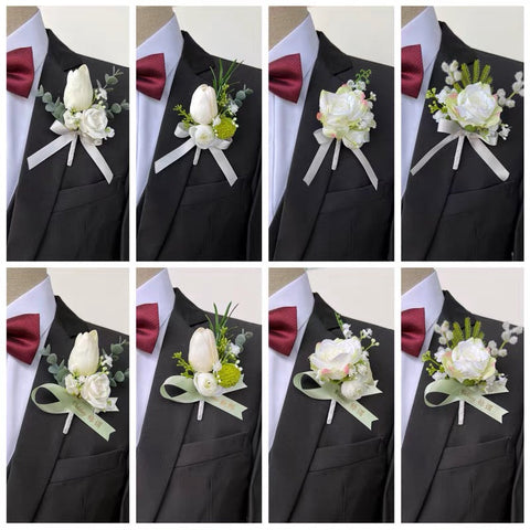 White boutonnière for bride groom best men mother ranunculus head band