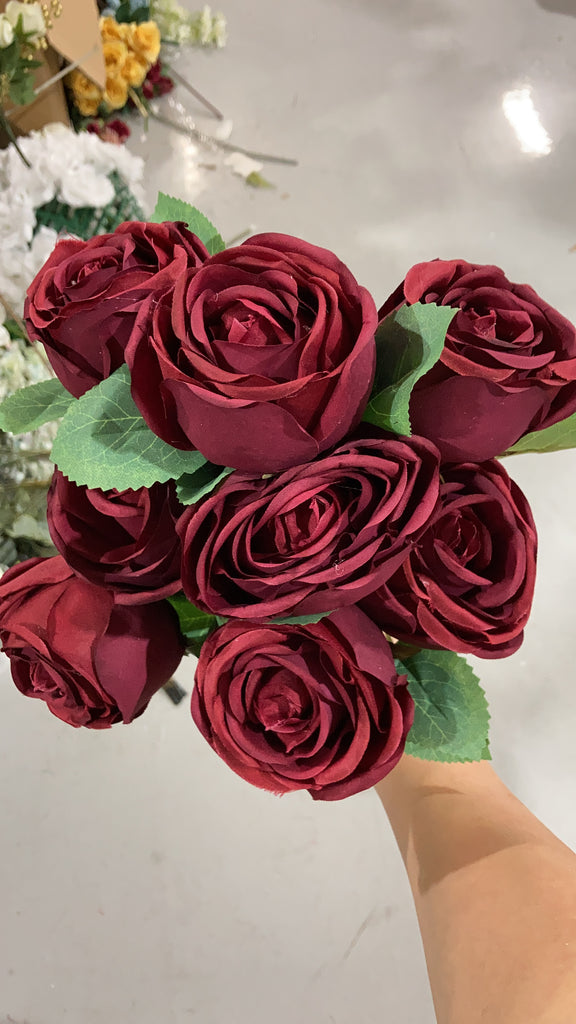 Artificial Rose 9 Head Bunch Burgundy GEM