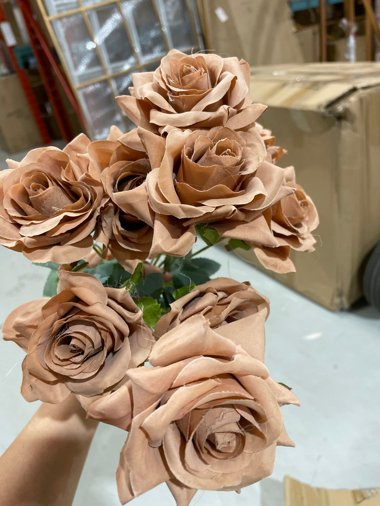 Artificial Flower Rose Bunch 9 head Toffee/Coffee