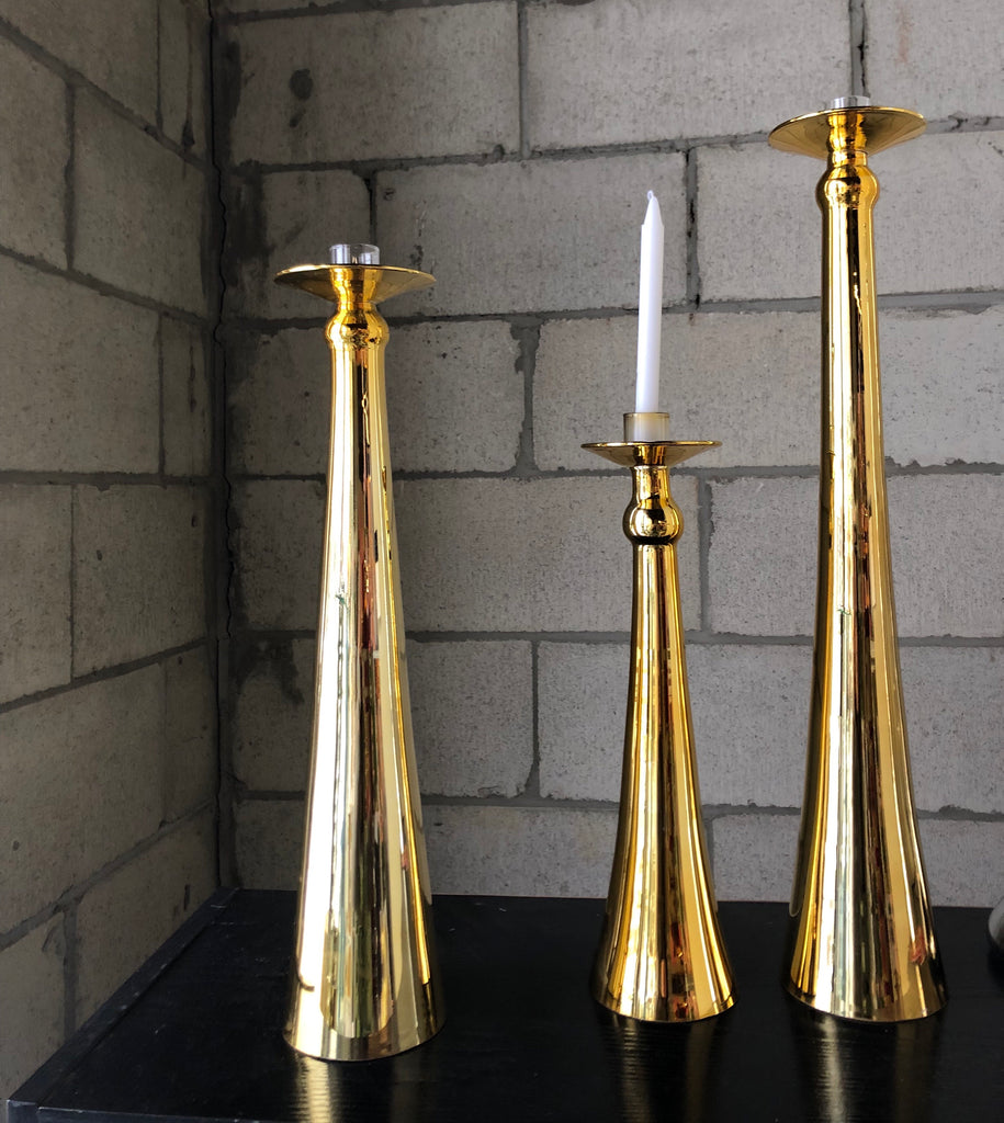 Gold 15” 19” & 22” Candle holder set of 3 glass vase Taper candles Candleholder