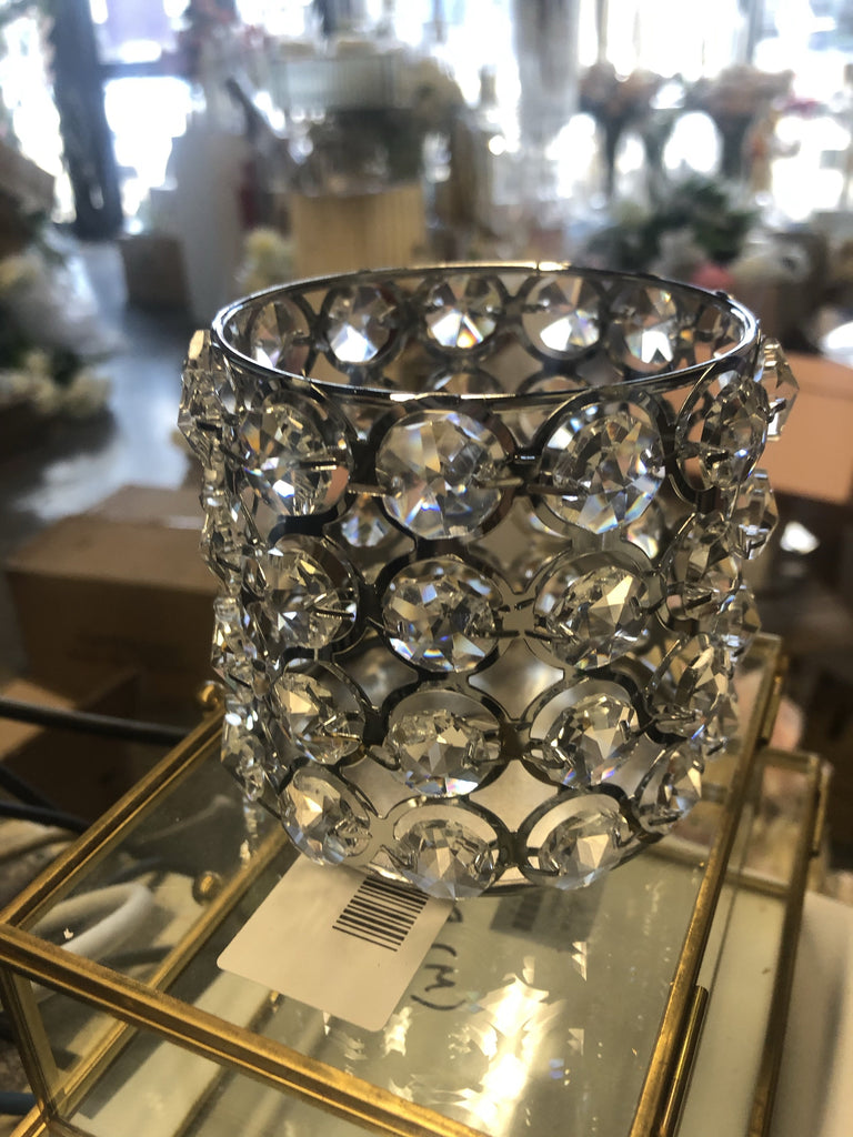 Wider version SILVER 3.5"H x3.25” D CRYSTAL BEADED CANDLE HOLDER DECOR CANDLEHOLDER (Silver)