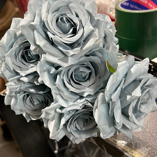 Dusty Blue Artificial Flower Rose Bunch 9 head