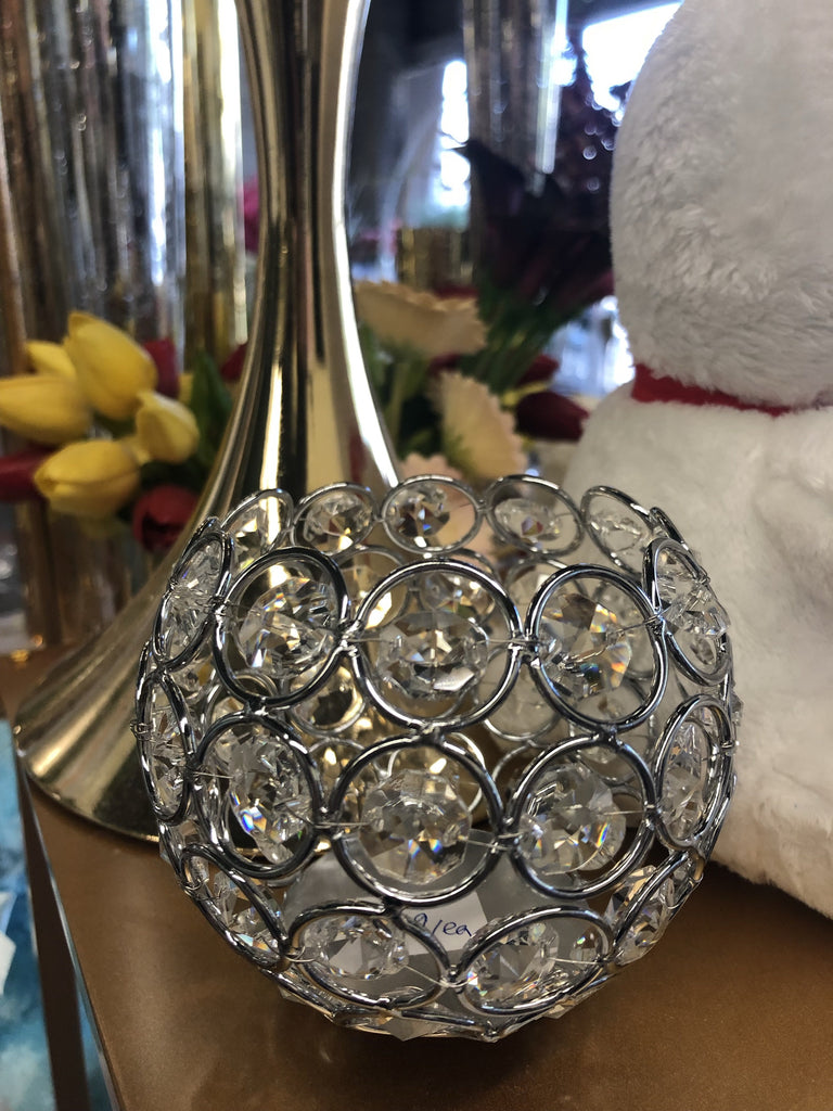 4” silver round ball crystal candleholder HOLDER DECOR CANDLEHOLDER (Silver) - Richview Glass Wedding Supplies