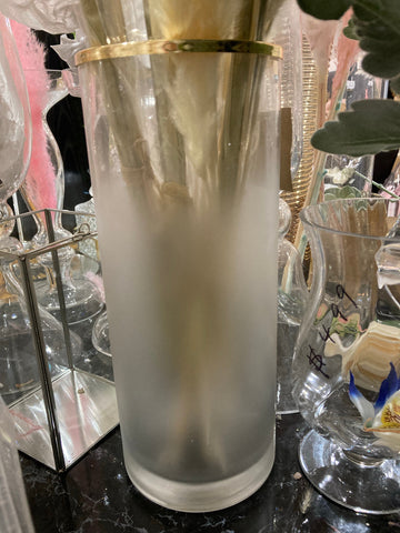 White frosted 14” cylinder Vase with Gold metal top