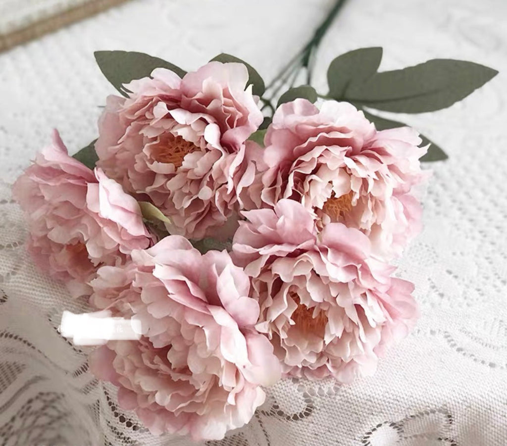 5 HEAD Pink FABRIC ARTIFICIAL PEONIES PEONY BUNCH