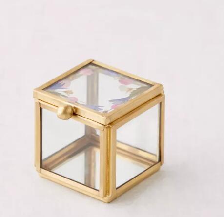 Jewelry box Geometric 3" Cube Glass with lid (Gold)