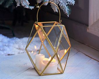Gold Geometric 5.5"x9" Lantern Glass candleholder Candle Holder Terrarium Vase